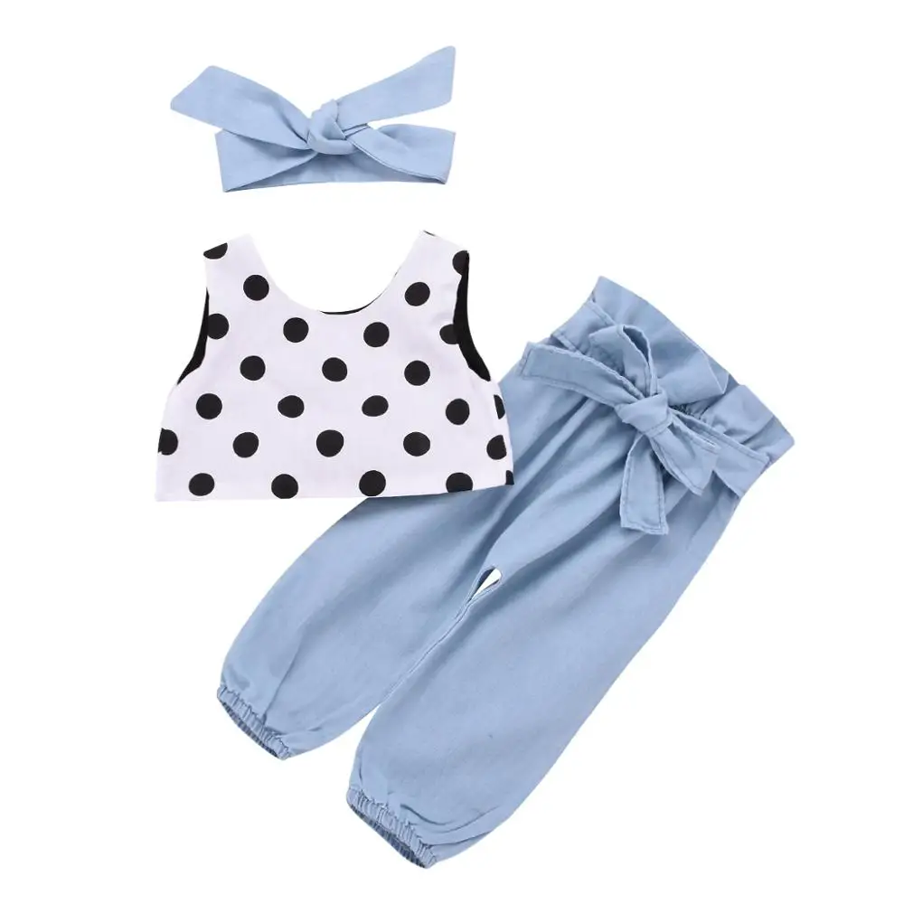 

new designs children clothes infant baby girl polka dot vest top with bowknot long pants headband 3pcs suits, As picture