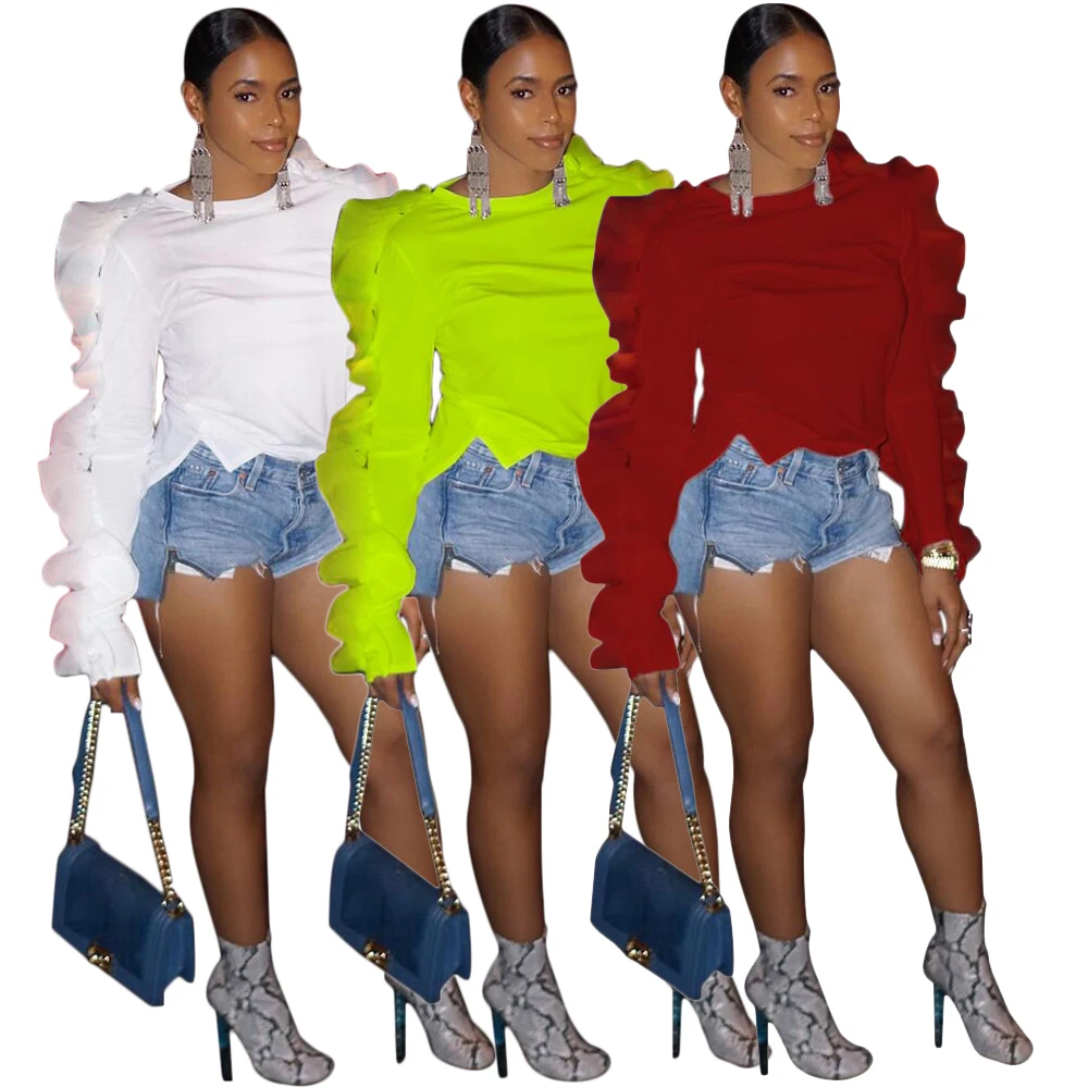 

MA6078 High Quality Women Clothes Brief Fashion O-Neck Ruffles Long Sleeve T-shirts