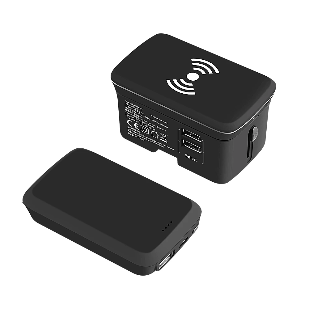 

High quality travel charging pack universal travel adapter with powerbank and wireless charger pad, Black white or customized