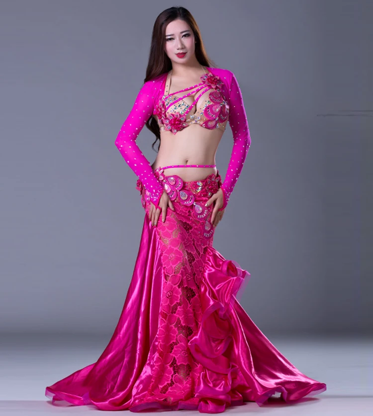 

QC2795 Wuchieal Professional Lace Satin and Spandex Ladies Belly Dance Costumes, Blue;fuchsia and yellow