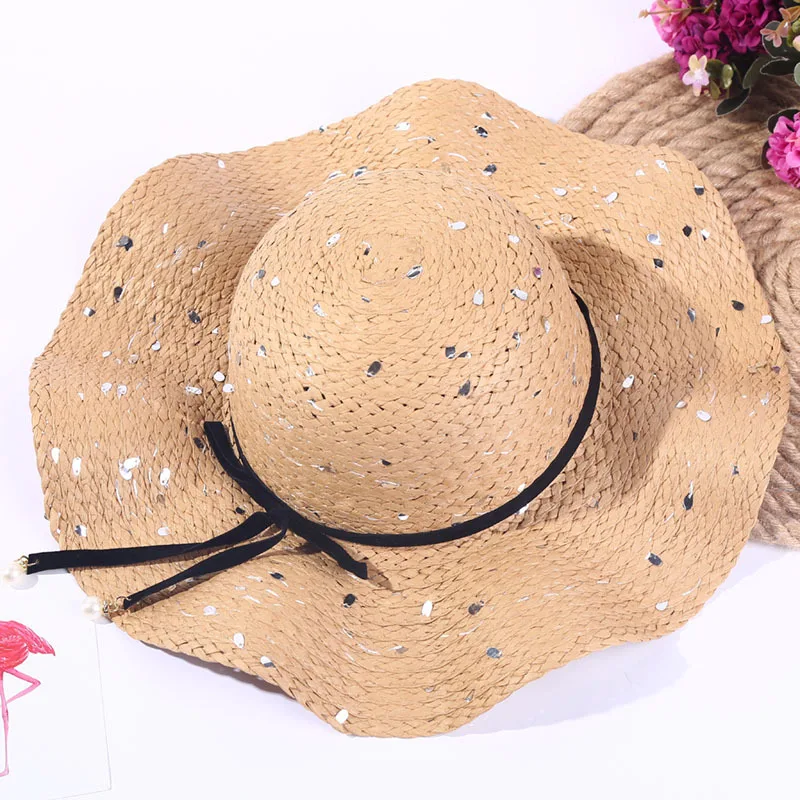 
Sun Straw Boater Hat Paillette Design Paper Sweet Style Summer Beach for Women Ribbon & Rope Adults Female IMAGE Plain 