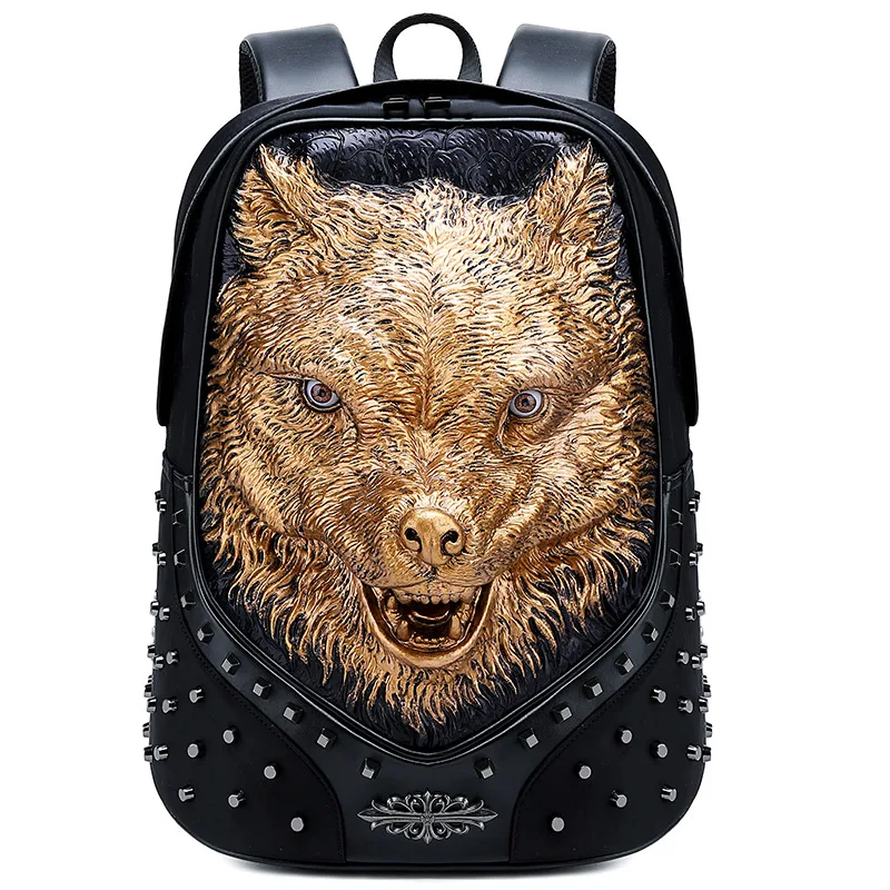 

Creative rivet multifunctional outdoor travel wolf owl 3D animal head pu leather laptop backpack, Silver, black, gold