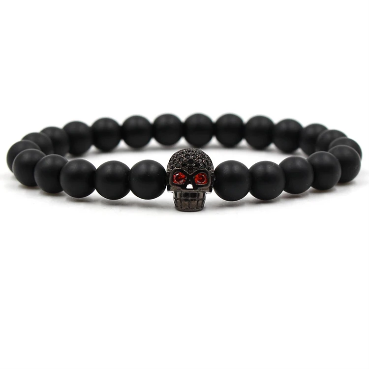 

Fashion 8mm Strand Lava Stone Beads Bracelets Bangles Classic Vintage Zircon Skull Charm Bracelet Jewelry (KB8054), As picture