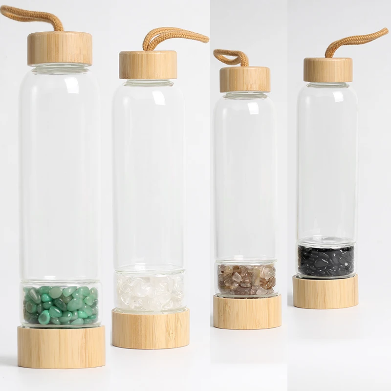 Hot natural gemstone bottle bamboo cover rolling stone crystal water bottle