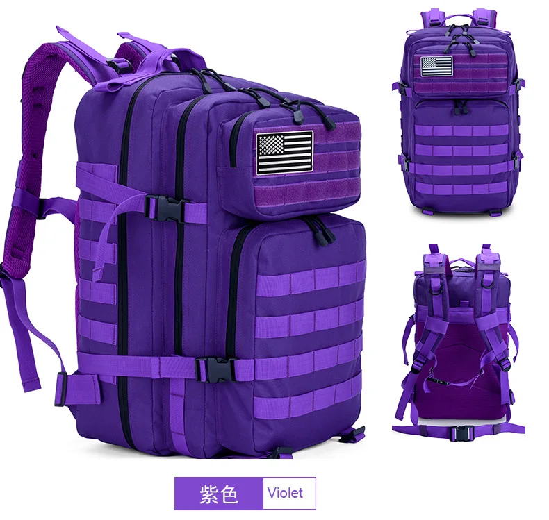 

3 Days Backpack Use 45L Capacity waterproof tactical purple backpack for hiking, Black, oliver green, cp, khaki, camo, acu