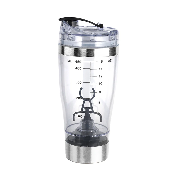 

450ml Battery operated plastic and Silver Stainless Steel Trim protein shaker, Blue red sivler black