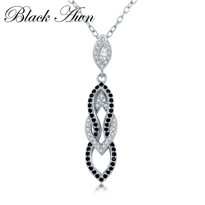 

[BLACK AWN] Black & White Silver Eternity Band Fine Jewelry Trendy Engagement Necklaces for Women Wedding Pendants P178