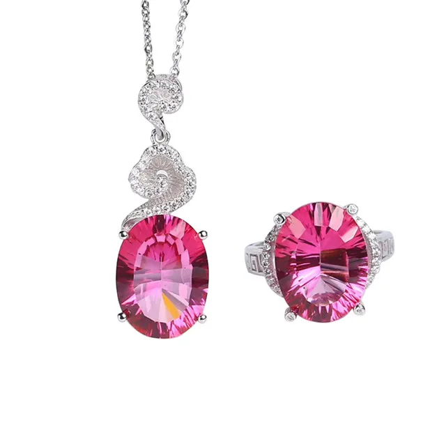 

wholesale trendy 925 sterling silver big natural crystal pink topaz gemstone ring pendant necklace jewelry set