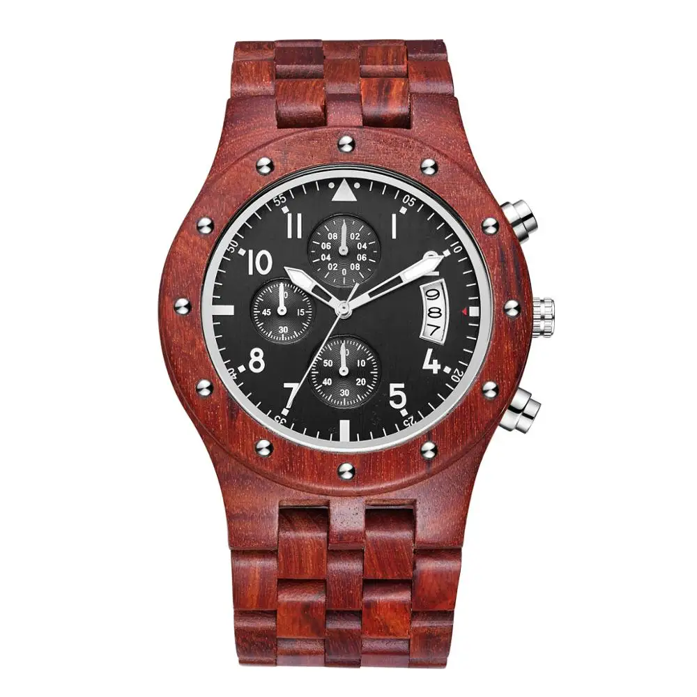 

Wholesale Luxury Date Chronograph Red Sandal Japan Quartz Men Wood Watches, Natural wood color