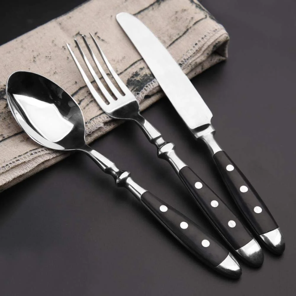 German Besteck Flatware Black Pom Handle With 2 Rivet Cutlery Set