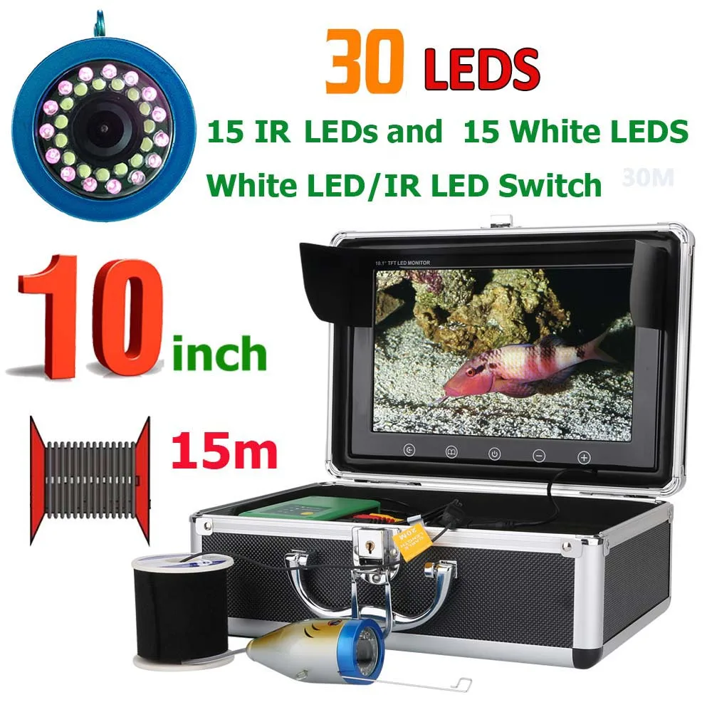 

10 Inch 15M 1000TVL Fish Finder Underwater Fishing Camera 15pcs White LEDs + 15pcs Infrared Lamp For Ice/Sea/River Fishing, Black