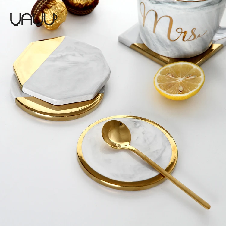 Creative White Square Marbled Ceramic Coaster Goldplated Coaster Set