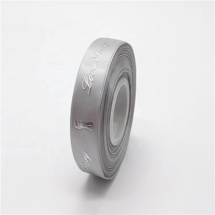 New Arrival Puff and Silver Foil Raised Printed Satin Ribbon With Love Story Logo in Stock Sale