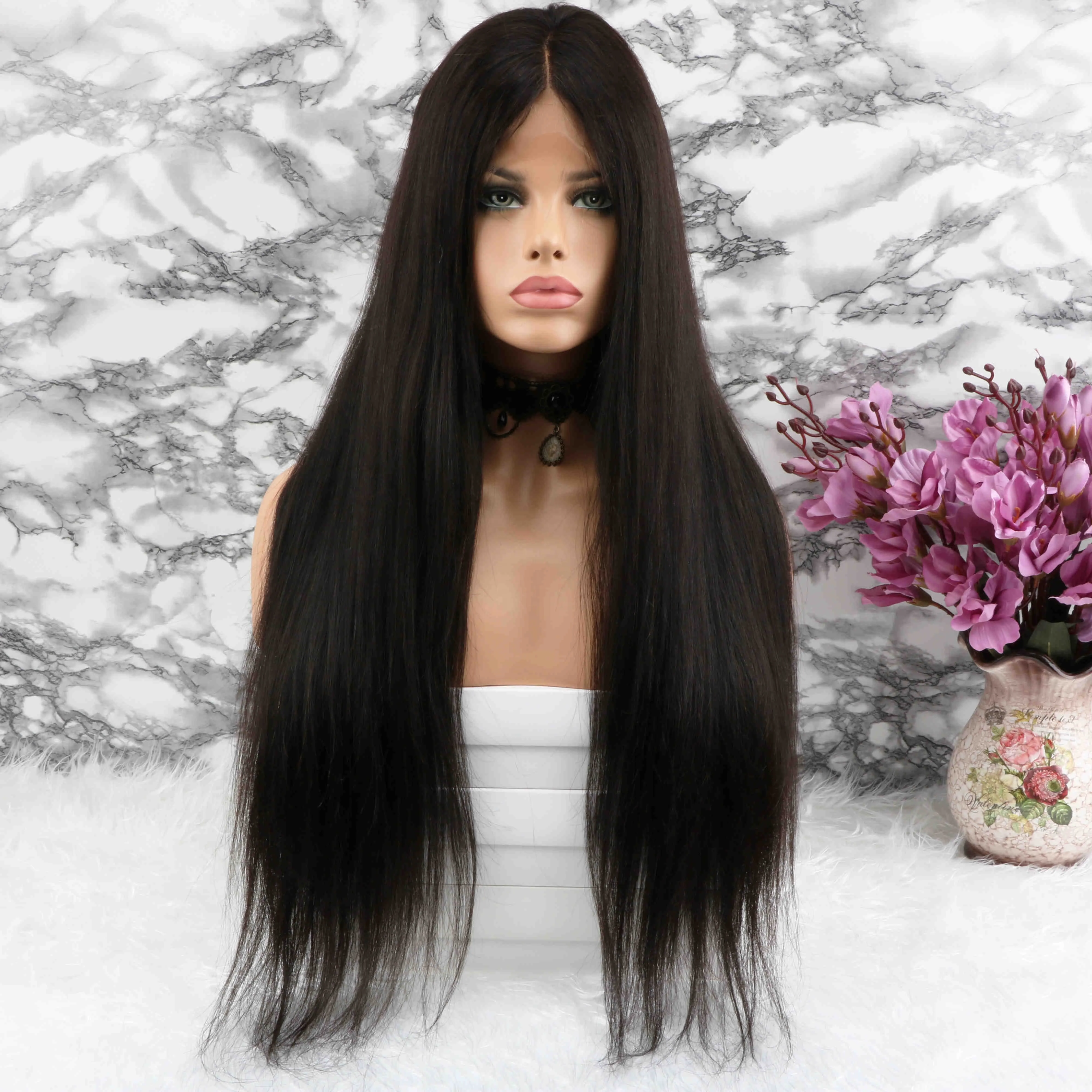 

180% High Density Thick Straight Black Peruvian Virgin Lace Front Human Hair Wig, Natural black color