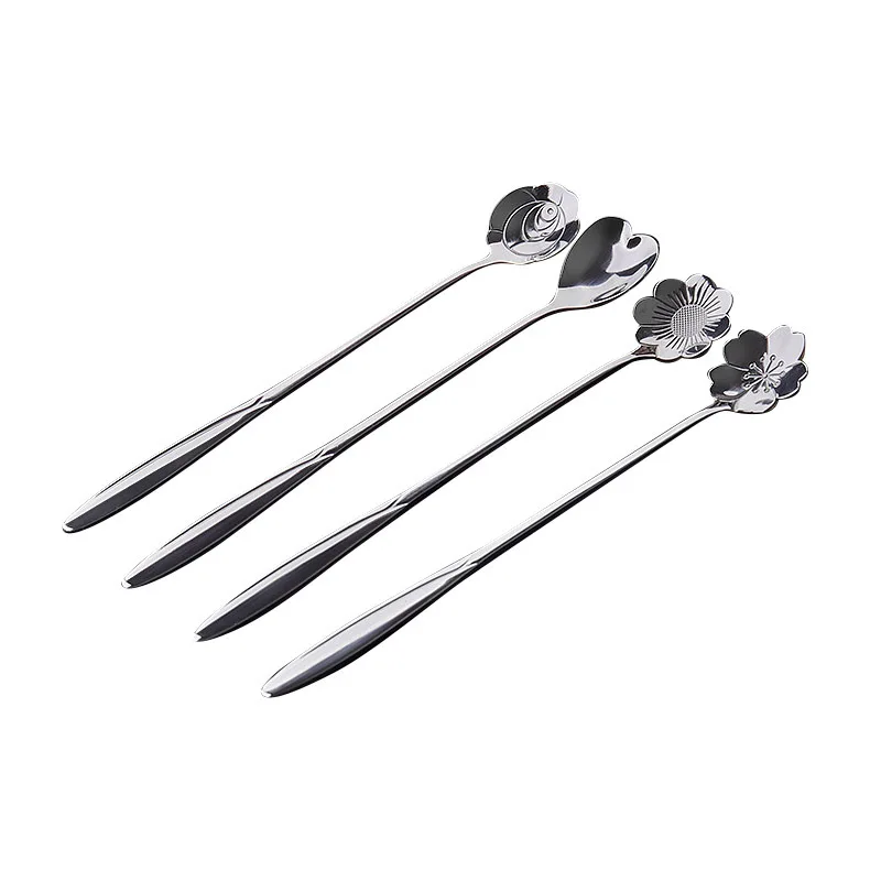 

wholesale stainless steel flower 4pcs bar wine cocktail tea drink coffee stirrer spoon for bar kitchen cafe tableware set