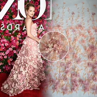 

Top sale french peach and pink 3d flower lace embroidered fabric high quality net lace fabric for wedding bridal dress HY0738-3