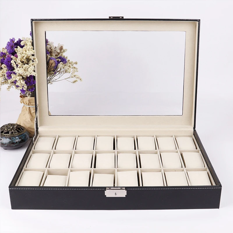 Glass Top PU Leather Exterior 24 Slots Watch box Men's Watch Case Jewelry Display Case