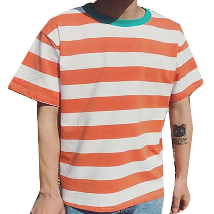 

Wholesale striped t-shirt men Lightweight Hip Hop curved hem tee Hipster summer fashion custom logo Blank Striped T-shirts