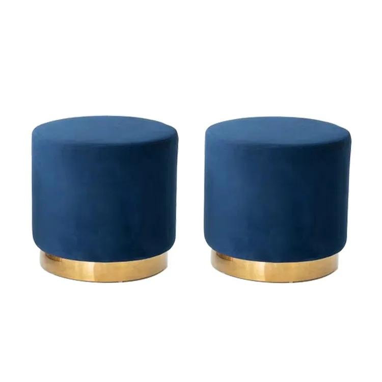 Footstool Round Pouf Stool Navy Blue Set Gold Base Seat Home Velvet