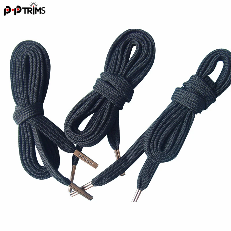 3/8" Width Black Flat Hollow Rope Shoelaces With Square Metal Custom Logo Tip For Walking Hiking