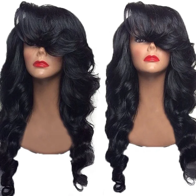 

Bleached Knots Loose Wave Black Bang Virgin Peruvian Hair Lace Front Human Wigs