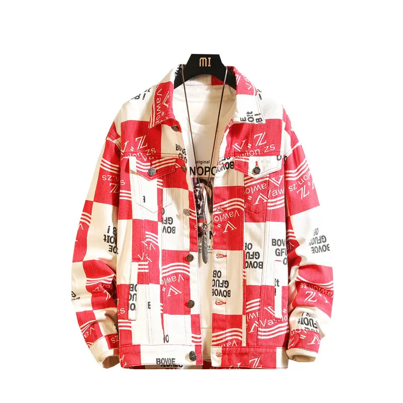 

custom fashion men long sleeve red denim jean jacket, Black;red