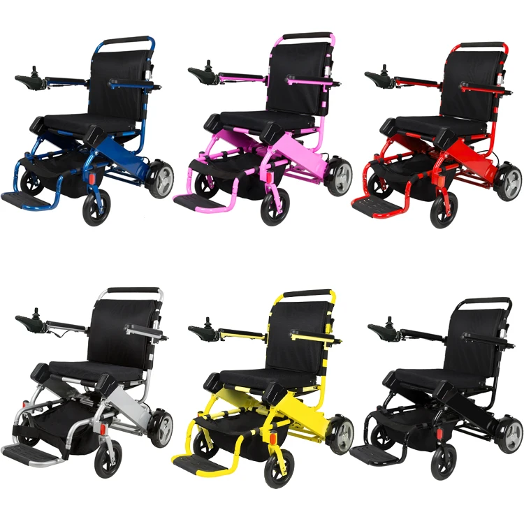 

China new product Lightweight Aluminum portable foldable electric wheel chair for disabled, Red, blue, silver, yellow