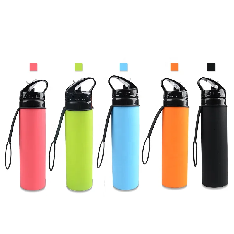 

New Items Promotional BPA Free Silicone Foldable Collapsible Sports Water Bottle With Straw for Wholesale