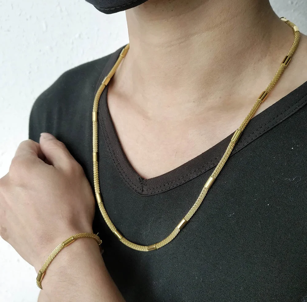 

Man Fashion Jewelry Stainless Steel Gold Color Male Chain 24inch Necklace & 8inch Bracelet With No Charms Wholesale, Golden