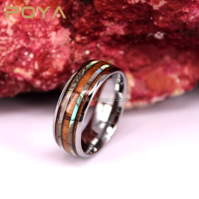 

POYA Jewelry 8mm Tungsten Carbide Ring Two Strips Abalone Overlay Wood Wedding Engagement Band for Men