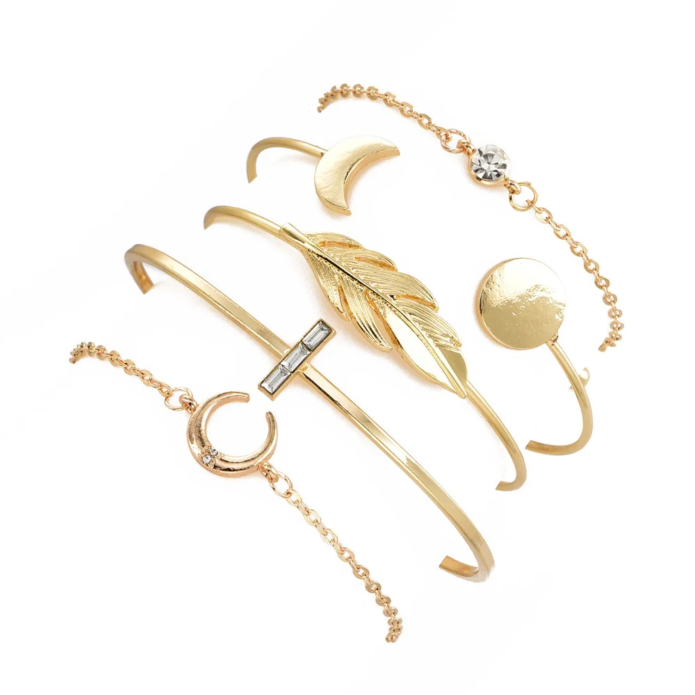 

Gold Plated 5Pcs/Set Fashion Moon Leaf Crystal Open Bracelet Set