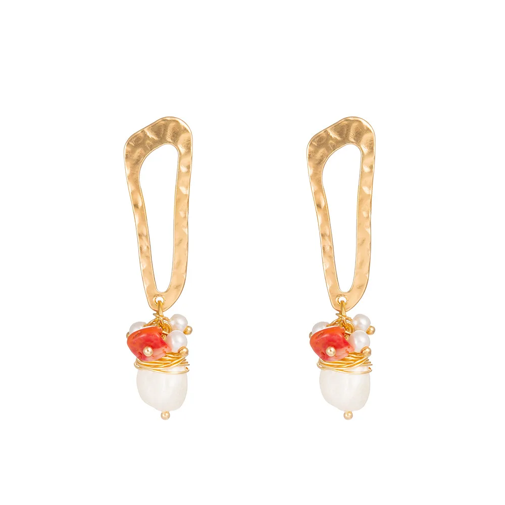 

Statement jewelry natural freshwater pearl red coral earrings