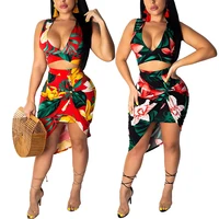 

Red Printed High Waist Irregular Deep Plunging Sexy Two Pieces Women Sexy Jumpsuit Dress