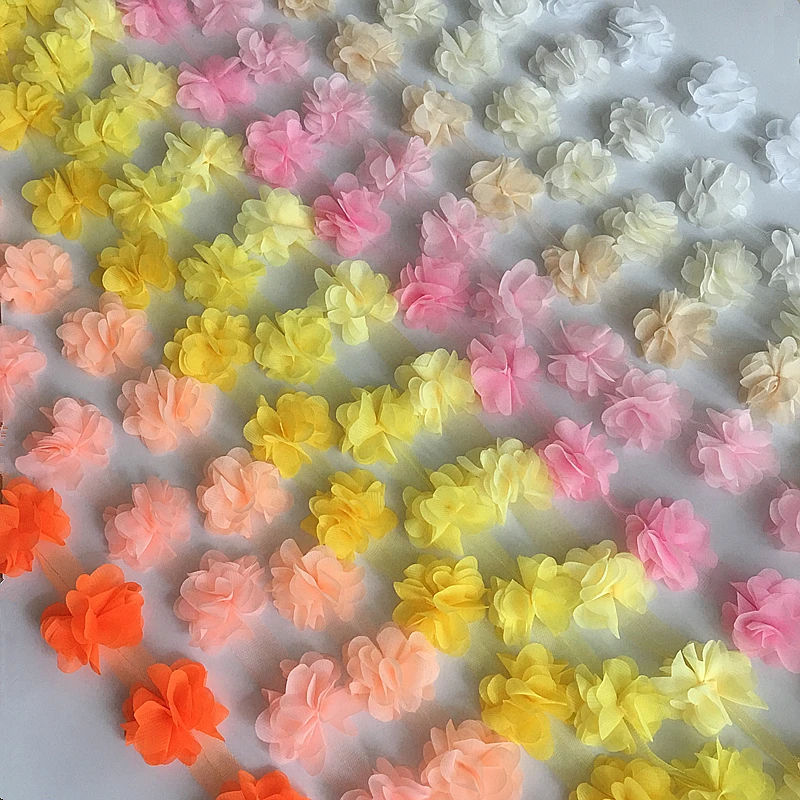 

Wholesale width 5CM Multicolor 12 Flower 3D Chiffon Lace ribbon for hair and dresses, White,gold or customized
