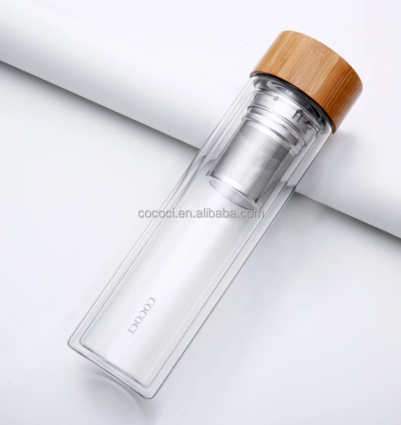 Double Wall Borosilicate Glass Water Bottle With Bamboo Lid Travel Coffee Mug / Tea infuser With Strainer
