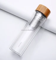 

Double Wall Borosilicate Glass Water Bottle With Bamboo Lid Travel Coffee Mug / Tea infuser With Strainer