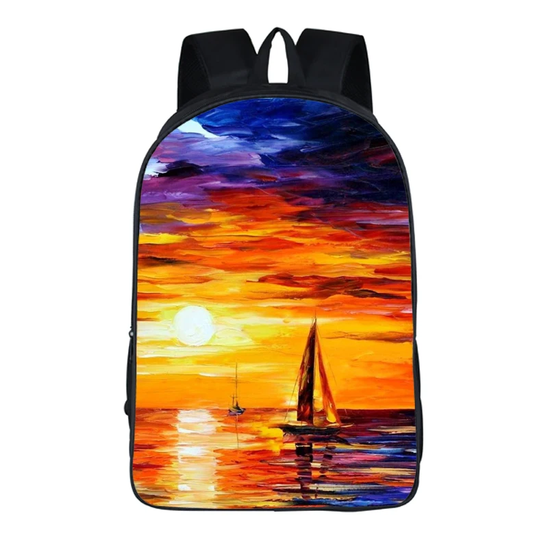 

Hot Sale Rucksack 3D Landscape Oil Painting Bags 16 Inch School Backpacks For Men Women Bookbags, Black