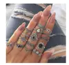 15 Pcs/set Bohemian Retro Crystal Flower Leaves Hollow Lotus Gem Silver Ring Set For Women Wedding Anniversary Gift