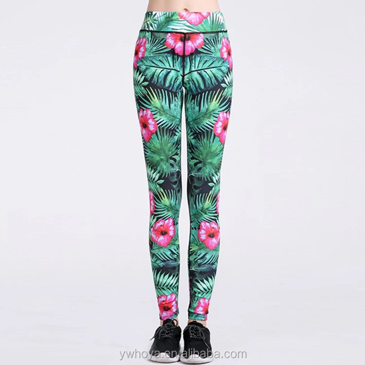 

2017 Fashion eco friendly green Design Leaf flower printed tights plus size weed yoga Leggings, Green color