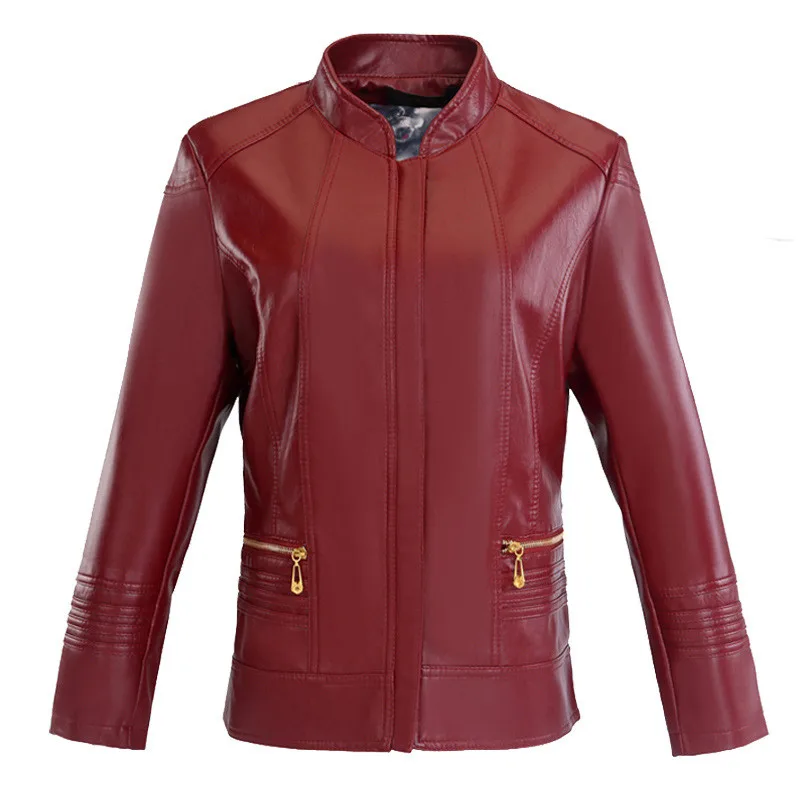 

C01 Autumn Winter Plus Size Middle Aged Woman PU Leather Jackets Coats