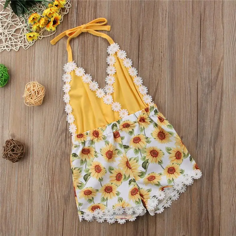 

XY133A hot selling strap sleeveless Sunflower tassel baby girl jumpsuit romper in stock