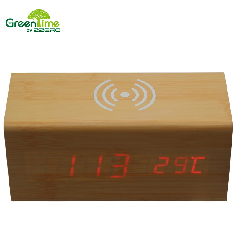 

Creative Multifunctional Bedside Table LED Voice Control Wooden Alarm Clock With Wireless Charging