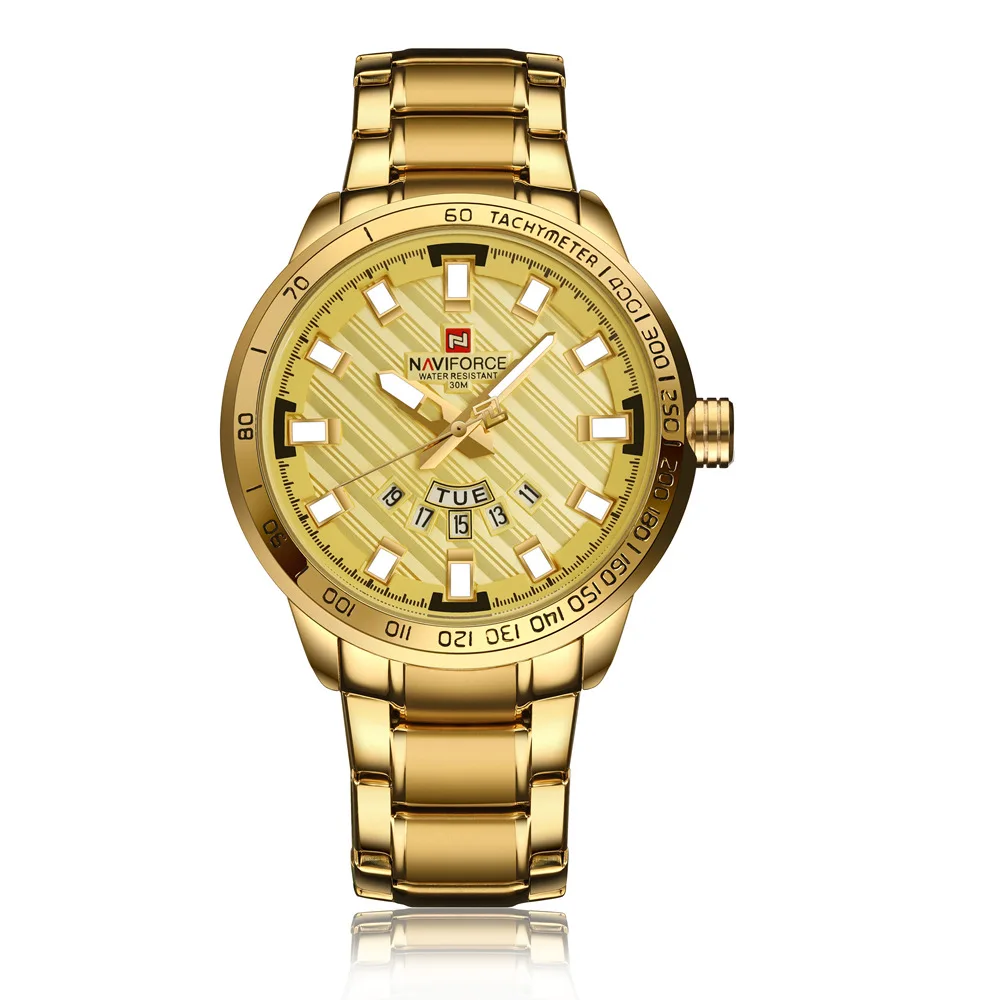 

NAVIFORCE 9090 Men Quartz Watch NAVIFORCE Luxury Sport Watches Business Gold Steel Watch 30M Waterproof Calender Wristwatches, Any color available