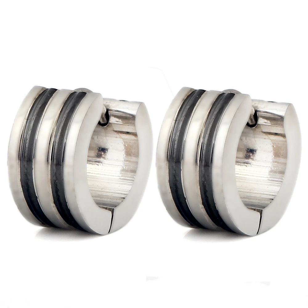 Classic Stud Earrings 316L Stainless Steel Small Circle Hoop Earrings For Men Silver Black Strip Pattern Earrings