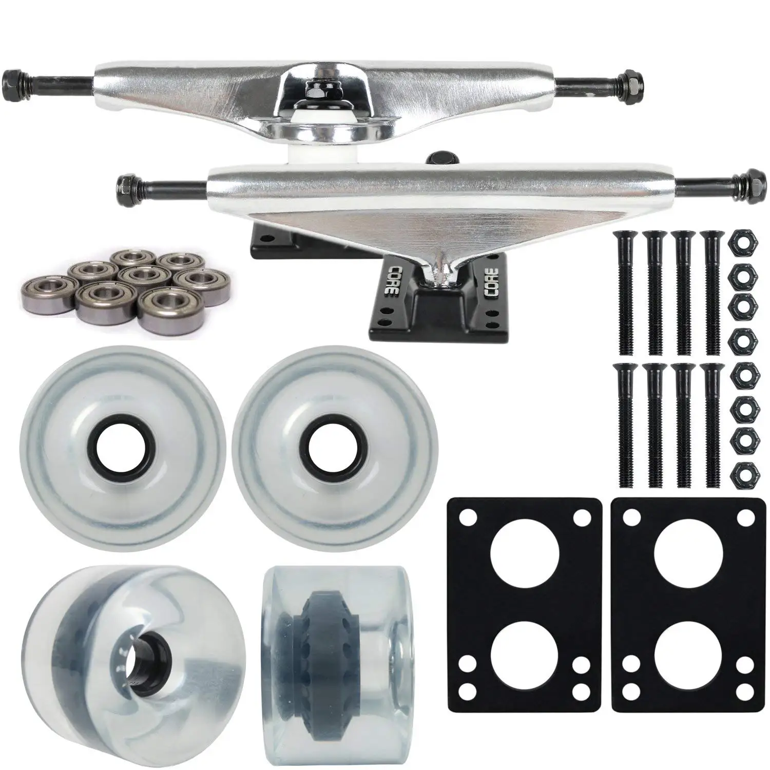 Longboard Skateboard Trucks Combo Set 76mm Blank Wheels with Silver Trucks, Bearings, and Hardware Package (76mm Clear Wheels, 7.0 (9.63") Silver Trucks)