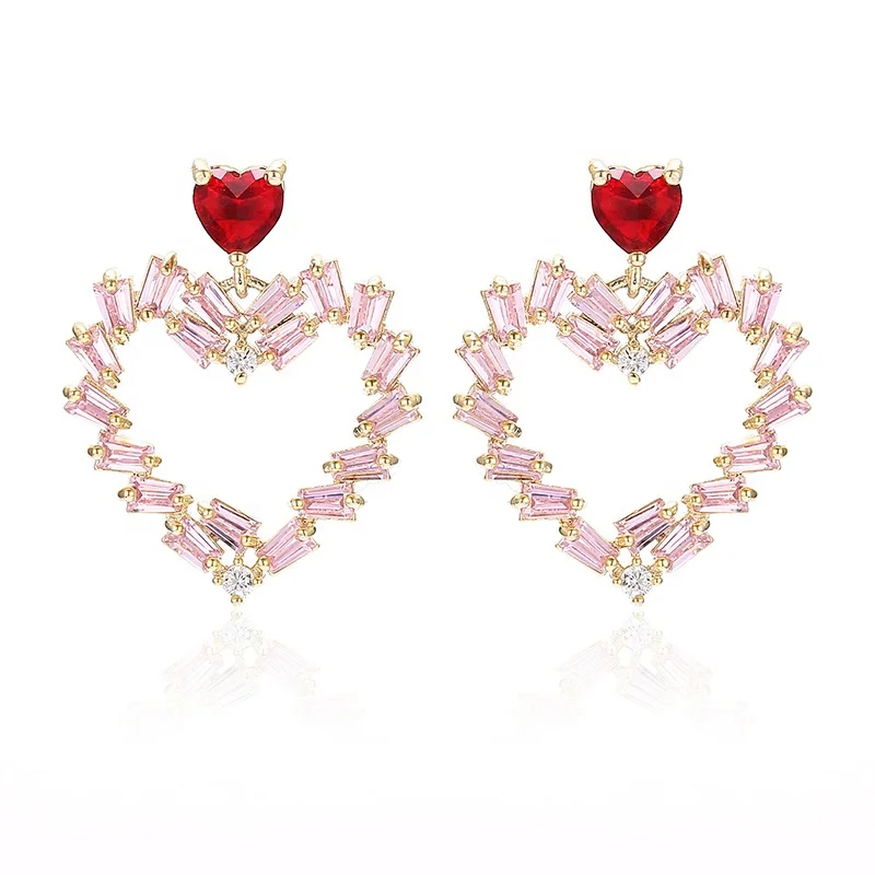 

Lovely Valentine Gift Women Pink Heart Cubic Zircon Stud Earrings, Pink;purple