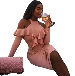 New Women Ruffles Strapless Dress Elegant Party Fashion Black Long Sleeve Bodycon Dress