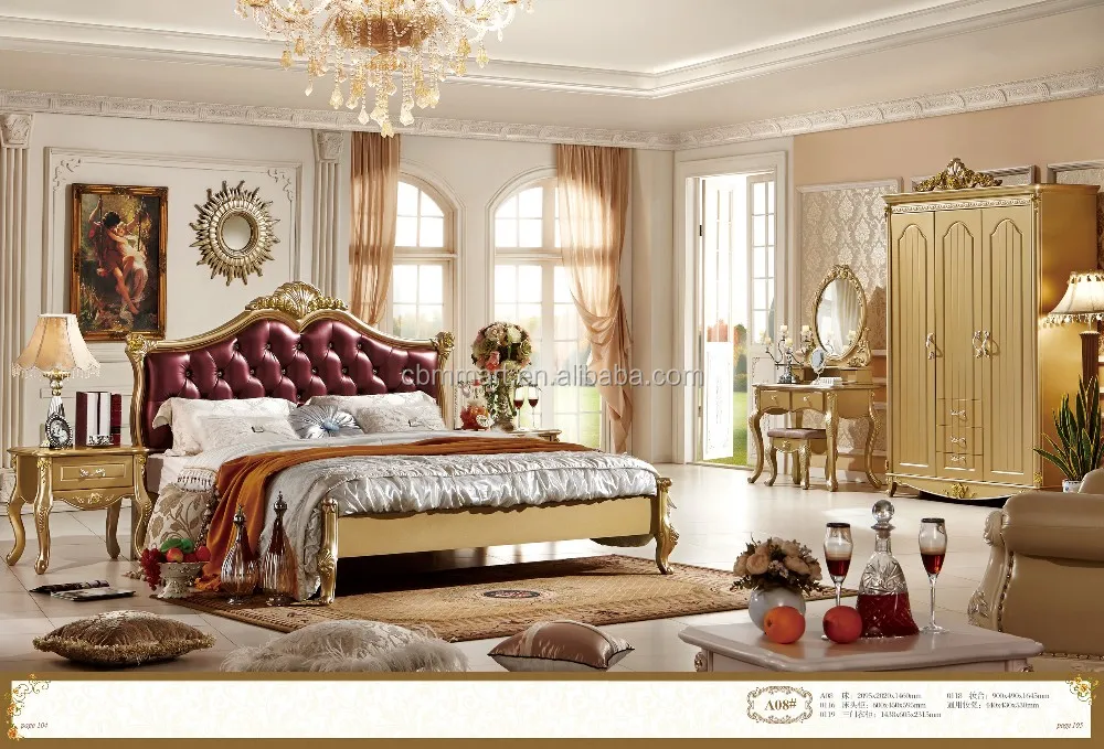
French Style Antique Design King Size Wood Luxury Genuine Leather Bed 