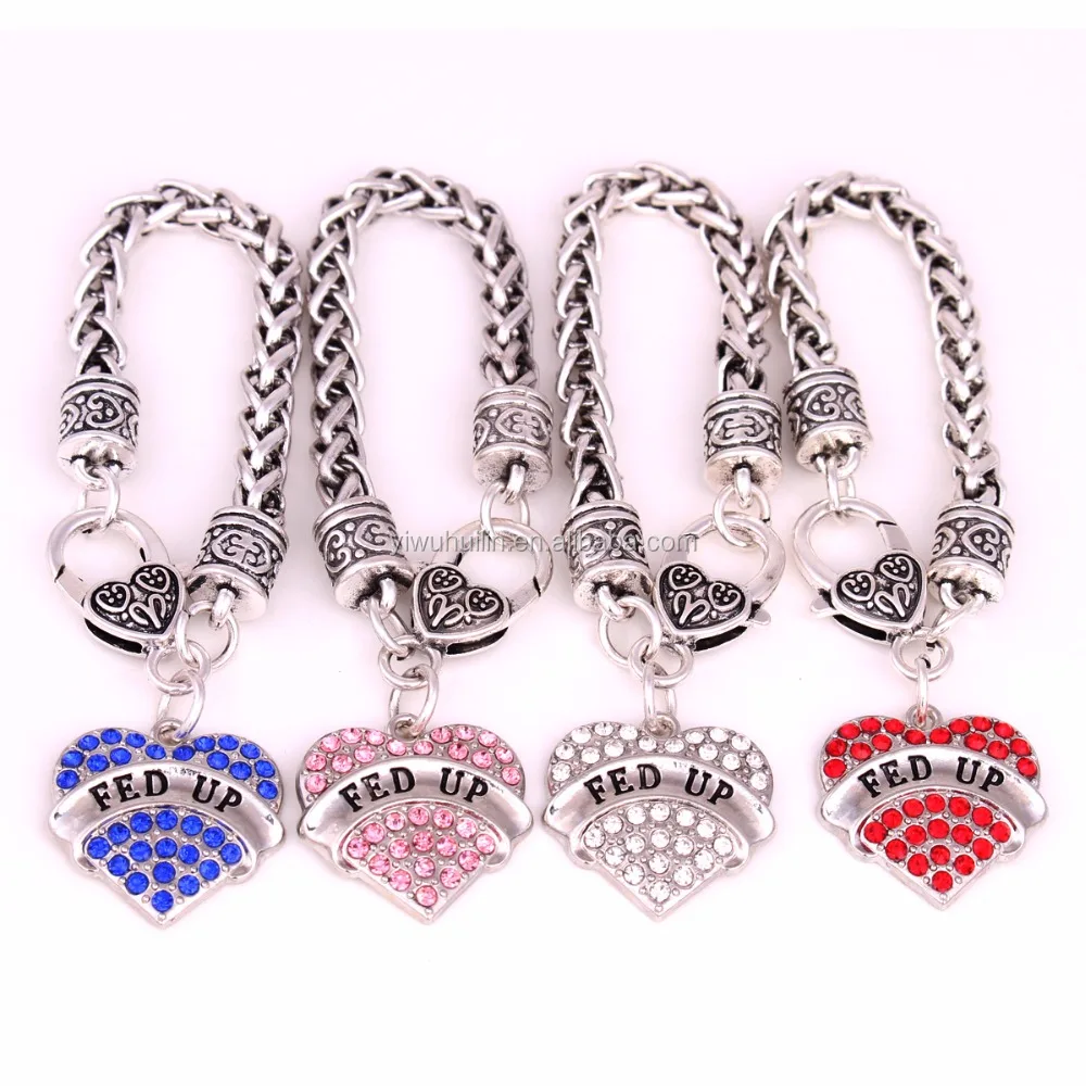 

BH015 Fashion Jewelry Lobster Claw Wheat Chain Bracelet Rhinestone FED UP Heart Charms Alloy Custom Bracelet