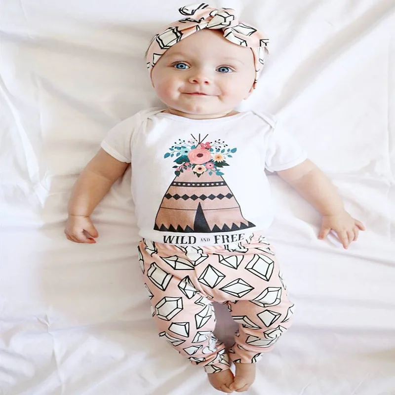 

Summer 2017 Cute Newborn Infant Baby Girl Clothes Romper Tops +Long Pants 2PCS Outfit Set, White